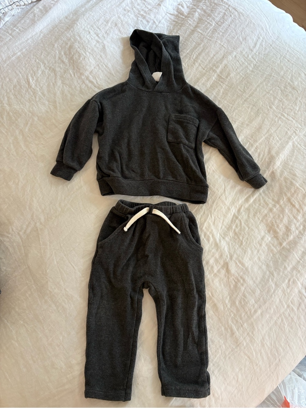 Zara Dark Charcoal Gray Kids Hoodie & Jogger Set with White Drawstring